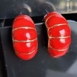 Red and Silvertone C Hoop Cocoon Earrings